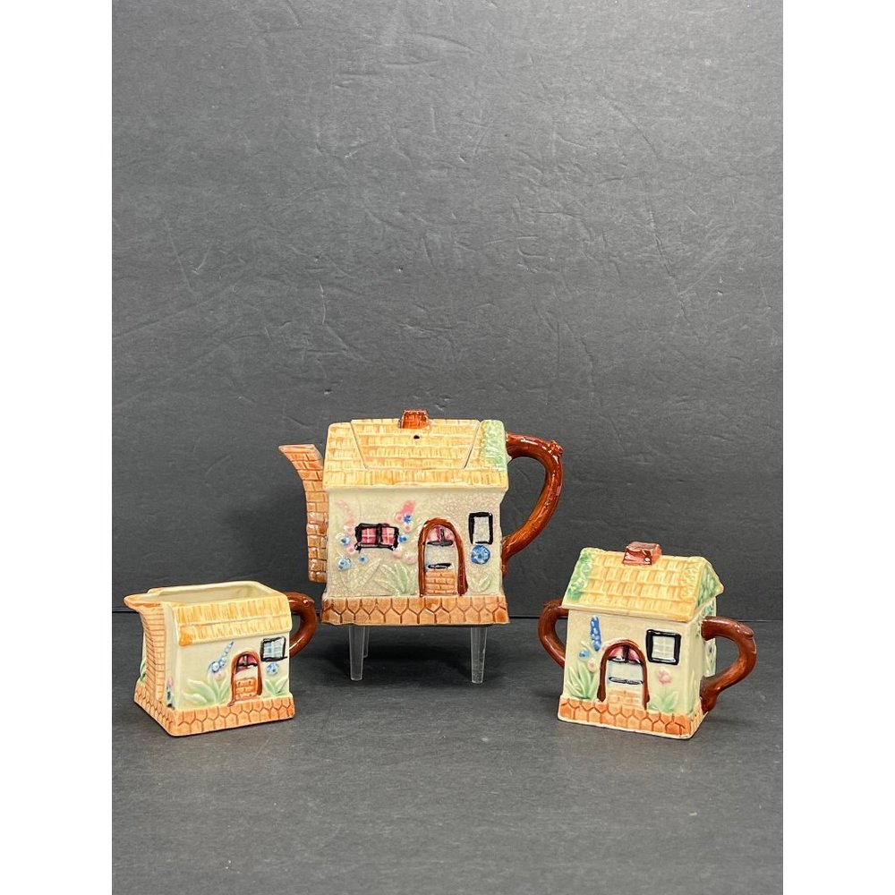 Vintage Cottage Ware Tea Set 3 Piece Set Teapot Sugar Creamer Lidded 40s
